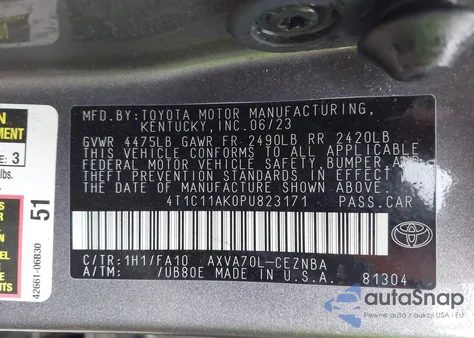 2023 Toyota Camry Le z USA, uszkodzony, nr VIN 4T1C11AK0PU823171